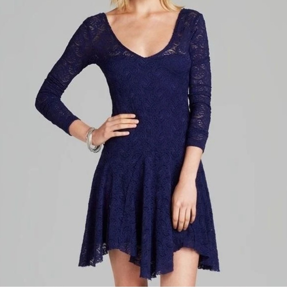 GUC! Free People Blue Katya V-Neck 3/4 Sleeve Paisley Stretch Lace Dress Medium